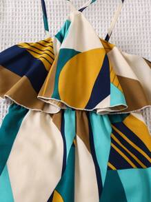 Young Girl Woven Geometric Pattern Halter Neck Jumpsuit With Ruffle Trim, Sleeveless And Cinched Waist - Multicolor - View 3