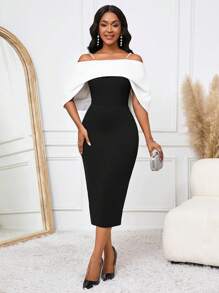SHEIN Lady Vestido entallado con escote descubierto de hombros, con cadena de perlas decorativa en contraste blanco y negro para mujeres - Blanco y Negro - Ver 6