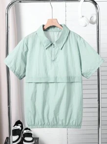 SHEIN Teen Boy's Button-Front Short Sleeve Shirt With Collar - Olive Green - View 1