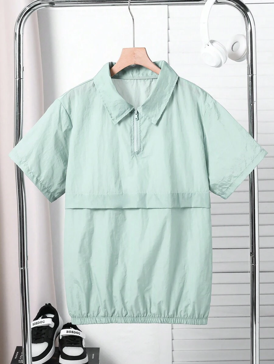 SHEIN Teen Boy's Button-Front Short Sleeve Shirt With Collar - Olive Green - View 1