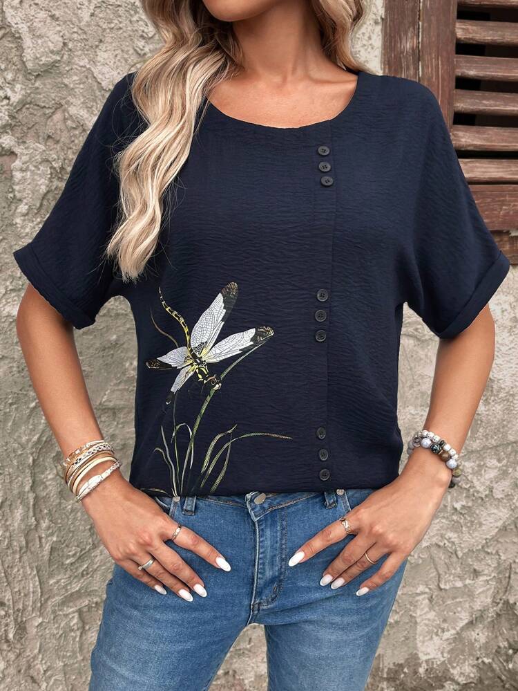 Women's Summer Casual Dragonfly Printed Short Sleeve Shirt