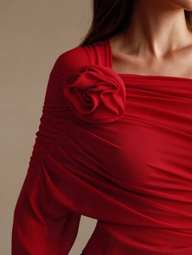 Elegant & Soft Open Shoulder Chiffon Women's Blouse With 3D Floral Decoration One Shoulder Top