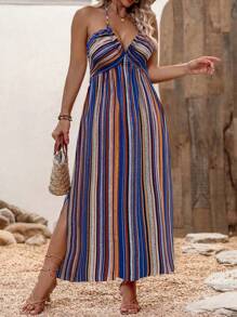 Breezaya Plus Striped Print Split Thigh Halter Dress Maxi Women Outfit