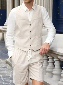 Manfinity VCAY Herren 2-teiliger Anzug aus ärmellosem Jacquard-Weste und Shorts, mit V-Ausschnitt und Knopfleiste. Geeignet für Business oder Lässig Kleidung im Frühling und Sommer