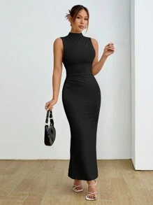 SHEIN PETITE 女式無袖緊身連身裙 - 黑色 - 查看 8