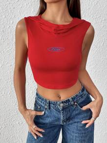 SHEIN Unity Áo ba lỗ có mũ trùm đầu thường ngày mùa hè dành cho nữ có in chữ - Đỏ - Xem 4