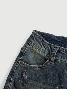 ROMWE Fairycore 夏季休閒復古蝴蝶、葡萄藤、十字印花牛仔短褲 - 霧霾藍 - 查看 3