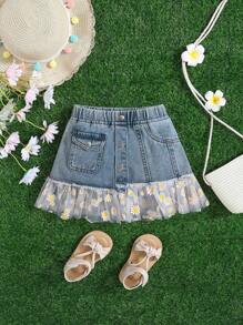 SHEIN 女婴牛仔裙，拼接雏菊网纱裙摆，可爱牛仔裙，夏季牛仔效果 - 淺色水洗藍 - 查看 1