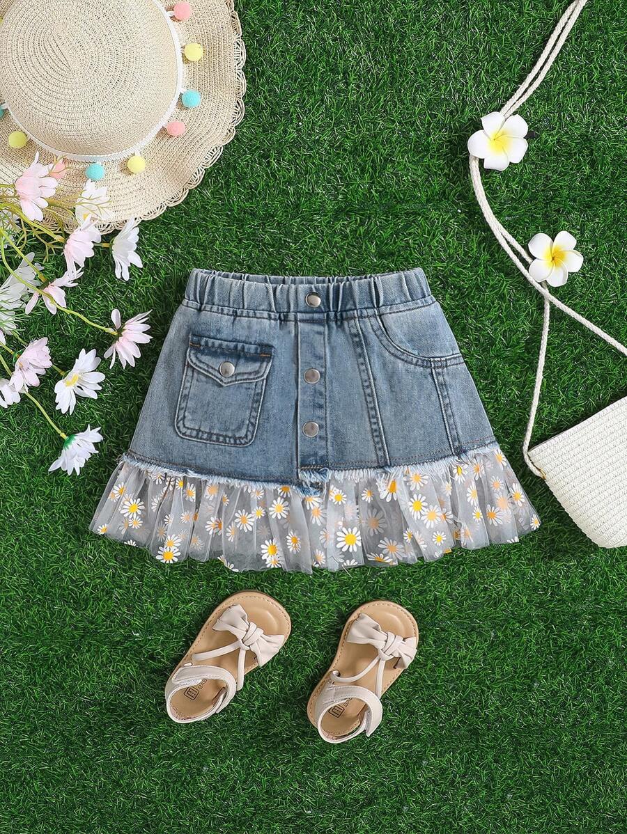 SHEIN 女婴牛仔裙，拼接雏菊网纱裙摆，可爱牛仔裙，夏季牛仔效果 - 淺色水洗藍 - 查看 1