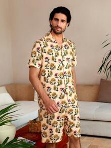 Manfinity ChillVibe Set Pakaian Rumahan Pria Lengan Pendek dan Celana Pendek Motif Bunga - MultiWarna - View 6