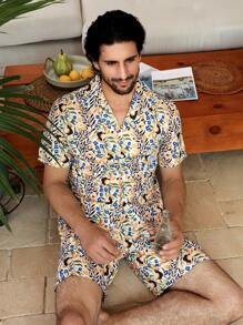 Manfinity Underwear&Sleepwear Basics Men's All-Over Print Short Sleeve And Shorts Homewear Set - Multicolor - View 5
