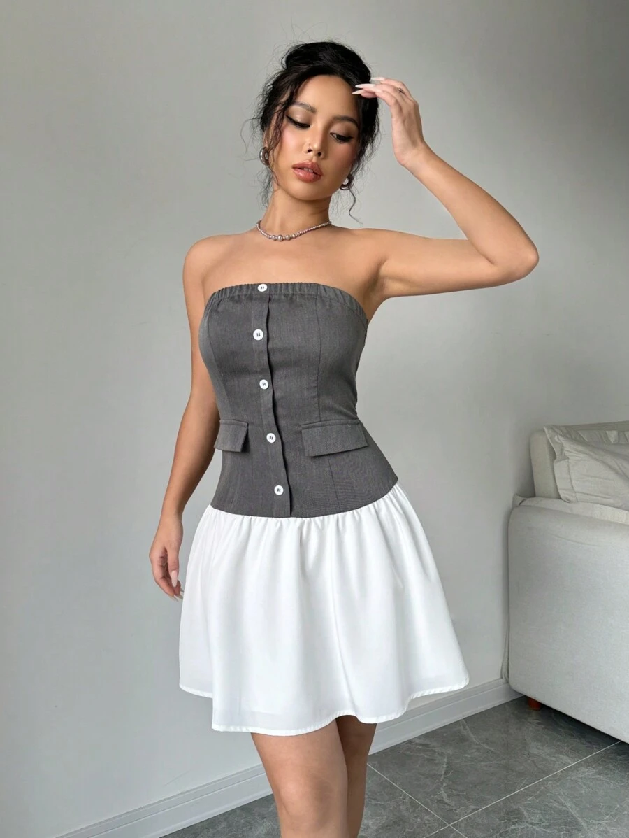Chiquease Women's Color-Block Simple Daily Strapless Dress - Multicolor - View 1