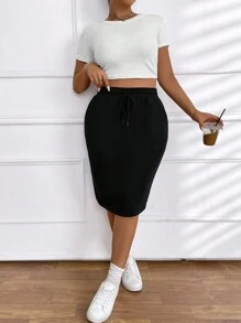 CovetEZ Plus Size Women's Solid Color Simple Daily Wear Skirt - Black - View 4