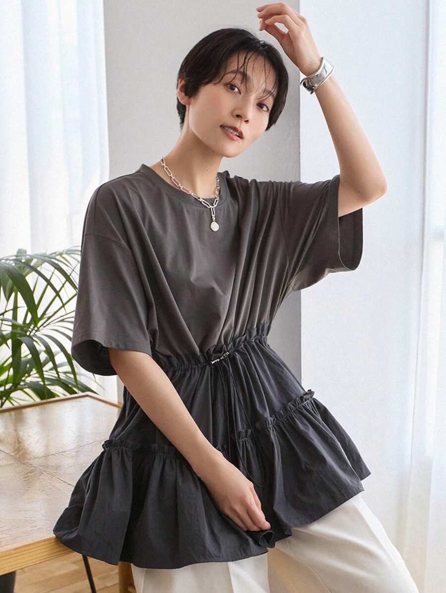 FRIFUL 女士夏季純色圓領短袖襯衫,帶荷葉邊,休閒風格 - 灰色 - 查看 1