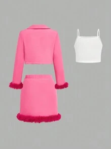 青少年女孩披肩领纯色对比蓬松毛绒袖口夹克 & 裙子 & 白色吊带背心 - 玫紅色 - 查看 2