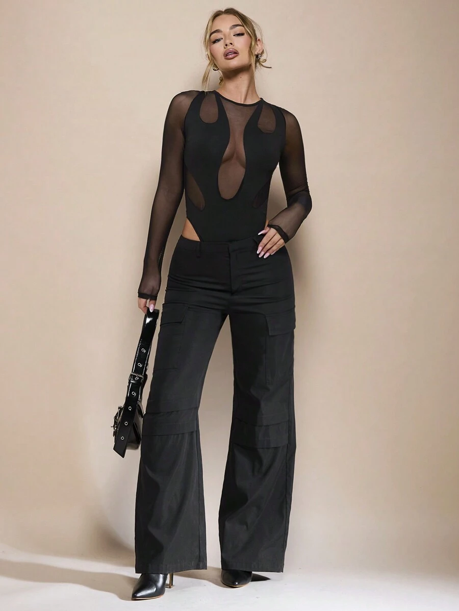 SHEIN BAE 夏季海滩度假休闲外出夜总会派对女士黑色网眼撞色透视长袖紧身衣，适合音乐会、表演和音乐节。 - 黑色 - 查看 1