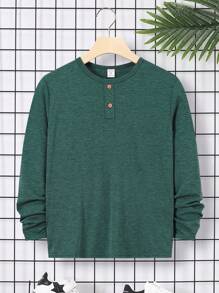 SHEIN Áo thun dệt kim dài tay cổ tròn Tween dáng rộng giản dị thoải mái - Màu xanh lam - Xem 7