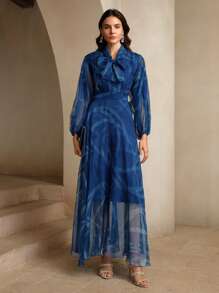 Anewsta Ladies' Delicate Klein Blue Ribbon Printed Dress Maxi Women Outfit - Blue - View 6