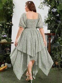 SHEIN MOD Plus Size Square Neckline Romantic Asymmetrical Hem Vacation Dress - Green - View 2