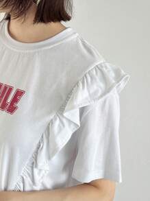 FRIFUL Ladies' Summer Round Neck Short Sleeve T-Shirt With Frill Edging And Letter Print,Ruffle Cute Tops,Graphic Tees