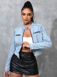 Women's Long Sleeve Button-Up Denim Jacket With Zipper And Pockets - Blue - View 1