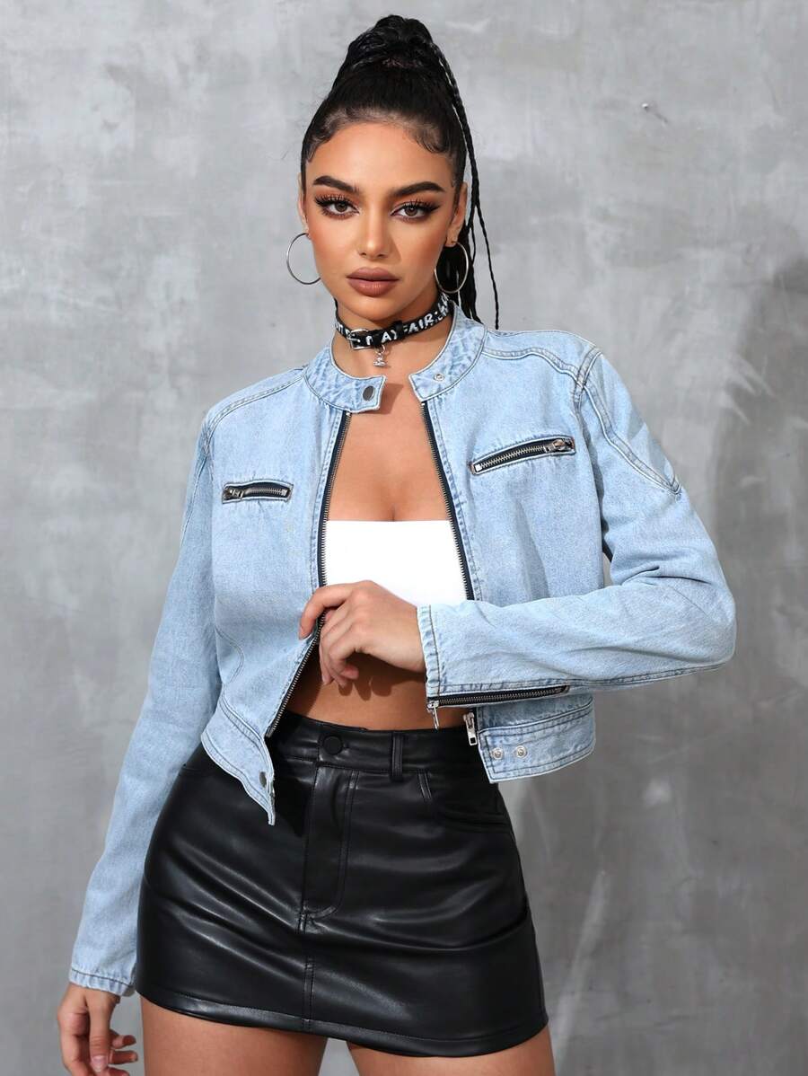 Women's Long Sleeve Button-Up Denim Jacket With Zipper And Pockets - Blue - View 1