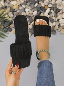 Dép xăng đan xếp ly màu kaki cho nữ, dép bệt màu đen, dép bệt màu đỏ tía, dép bệt quai đơn giản màu trắng cho mùa hè - màu đen - Xem 2