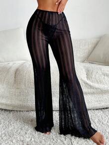 SHEIN Swim 女士宽松直筒透气条纹舒适优雅喇叭罩衫裤夏季 - 黑色 - 查看 4