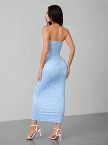 SHEIN PETITE 粉色碎花拼接抹胸紧身连衣裙，适合夏季外出 - 淺藍色 - 查看 2