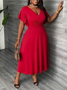 Slaydiva Plus Size Elegant & Party & Daily Wear Slim Fit A-Line Dress With Cross Neckline, Ruffled Sleeves And Flounce Hem Women's Midi Dress, Spring/Summer - C - Red - View 4
