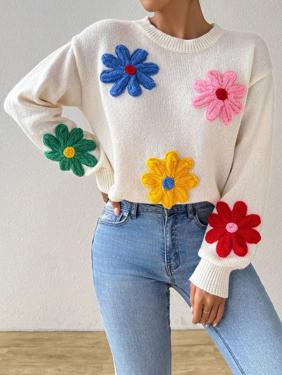 Chiquease Maglione a girocollo con motivo floreale colorato, carino e dolce, maglia a pullover per autunno e inverno - Albicocca - Visualizzare 1