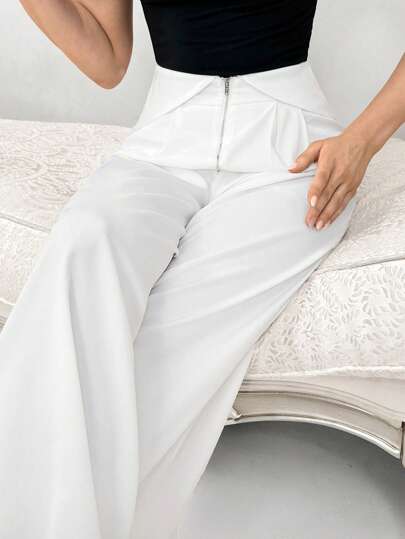 Modelyn Women's Solid Color Wide Leg Pants With Front Zipper