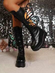 2024 New Thick-Soled Punk Boots With Glossy Surface, Butterfly Decoration, Black Gothic Style Platform Mid-Calf Boots For Women