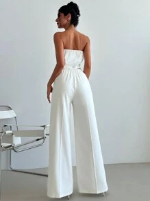 Firerie Áo ống trắng và quần ống rộng cho nữ, Bộ 2 món thanh lịch khi đi làm - trắng - Xem 3