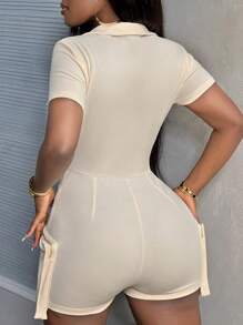 Slaydiva Sexig kortärmad jumpsuit med dragkedja fram, enfärgad och stora fickor för sommarens vardagskläder - A - Aprikos - Visa 3