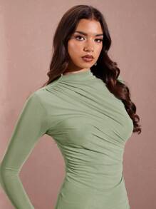 SHEIN BAE 女士秋季绿色修身褶皱网眼连衣裙，适合舞会、约会、日常穿着