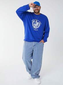 Manfinity VCAY Sweat-shirt-shirt à col rond en tricot imprimé de lettres, grande taille pour hommes, adapté pour le printemps/automne et l'usage quotidien en hiver - Bleu azur - Voir 4