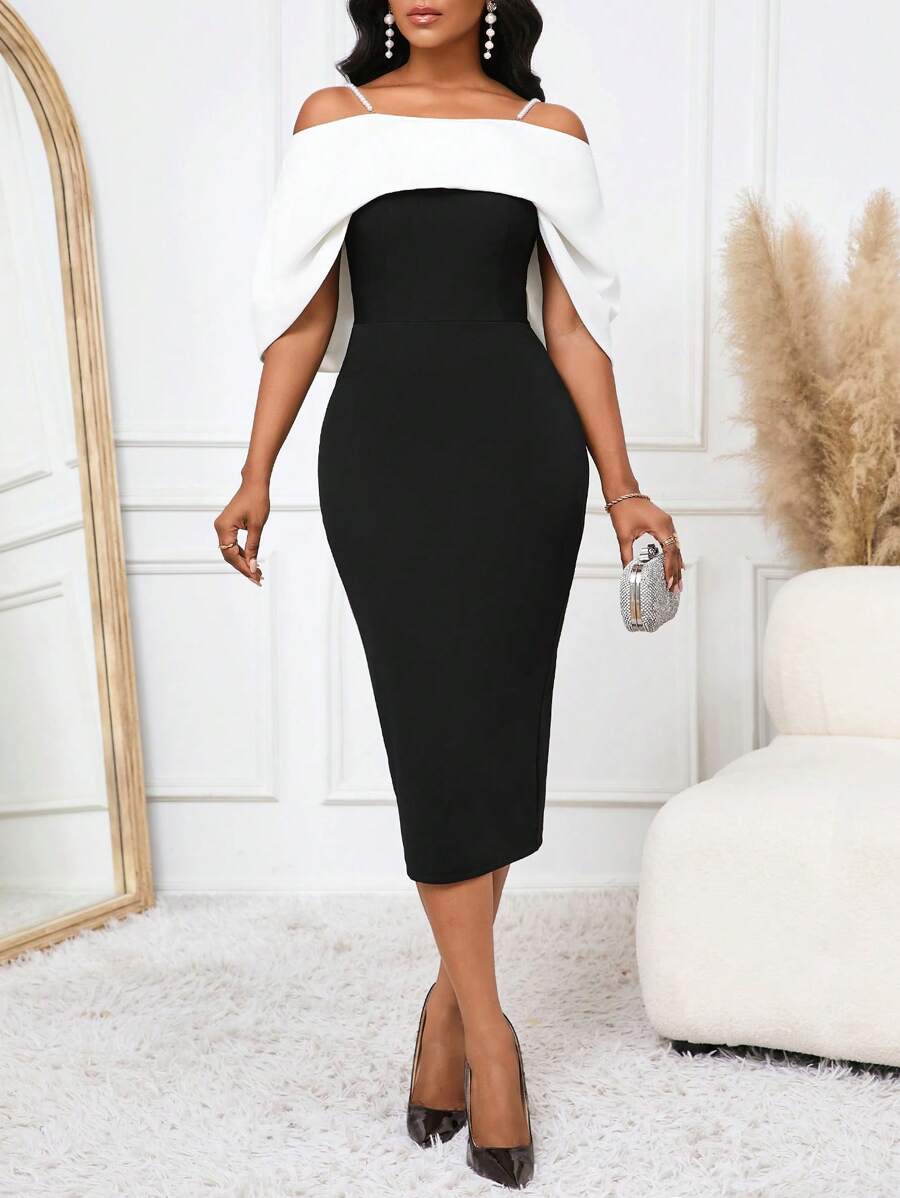 SHEIN Lady Vestido entallado con escote descubierto de hombros, con cadena de perlas decorativa en contraste blanco y negro para mujeres - Blanco y Negro - Ver 1