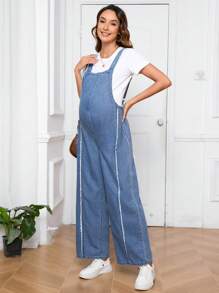 SHEIN Maternity Casual Fringed Denim Overalls, Spring/Summer Jumpsuit