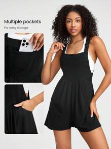 GLOWMODE 3" Waffle-Knit Soft Adjustable Straps Multi Pockets V-Shaped Waistline Short Overalls Daily Casual