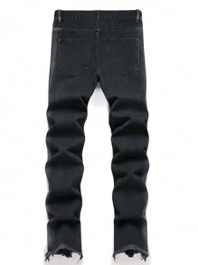 Chillumni Men Ripped Frayed Raw Trim Jeans - Black - View 2