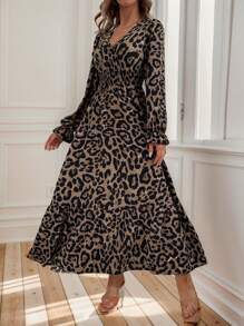 SHEIN LUNE Plus Size V Neck Leopard Print Dress With Ruched Hem And Flared Sleeves, Elegant And Stylish For Cocktail Party - Multicolor - View 3