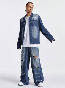 Chillumni Men's Deep Blue Ripped Denim Streetwear Set