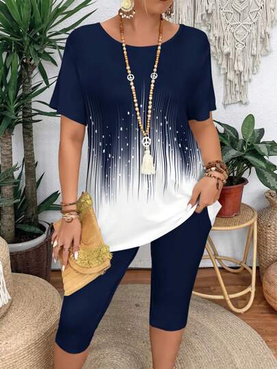 Conjunto de 2 peças de camiseta casual com blocos de cores de manga curta e leggings para mulheres tamanho Plus Size, ajuste confortável