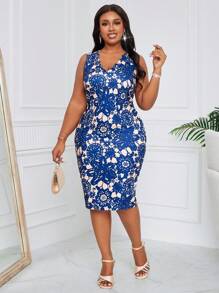SHEIN Lady Plus Size Women's Business Professional Blue Lace Floral Burnout Elegant Slim Fit Midi Dress