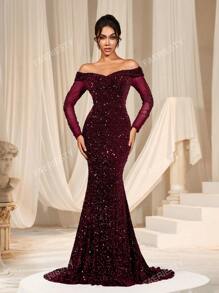 Faeriesty Vestido de noche elegante de sirena con hombros descubiertos, mangas transparentes y adornos de lentejuelas de FAERIESTY - Ideal para galas de noche, atuendos de invitados a bodas, eventos de alfombra roja y fiestas de lujo