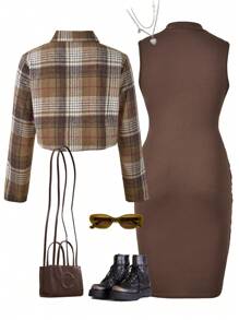 SHEIN Explorewe 少女时尚街头风格简约格子衬衫领无袖连衣裙套装 - 彩色 - 查看 2