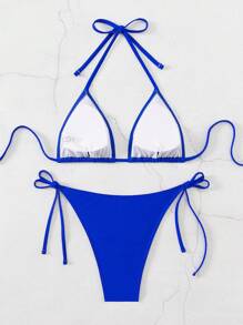 Women's Summer Beach Rhinestone Decorated Halter Neck Tie Sexy Bikini Set - Royal Blue - View 3