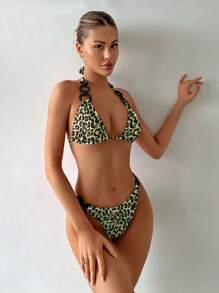 SHEIN Swim Summer Beach Leopard Print Halter Triangle Bikini - Brown - View 4