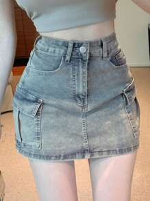 DAZY 水洗翻盖口袋牛仔迷你裙牛仔裙